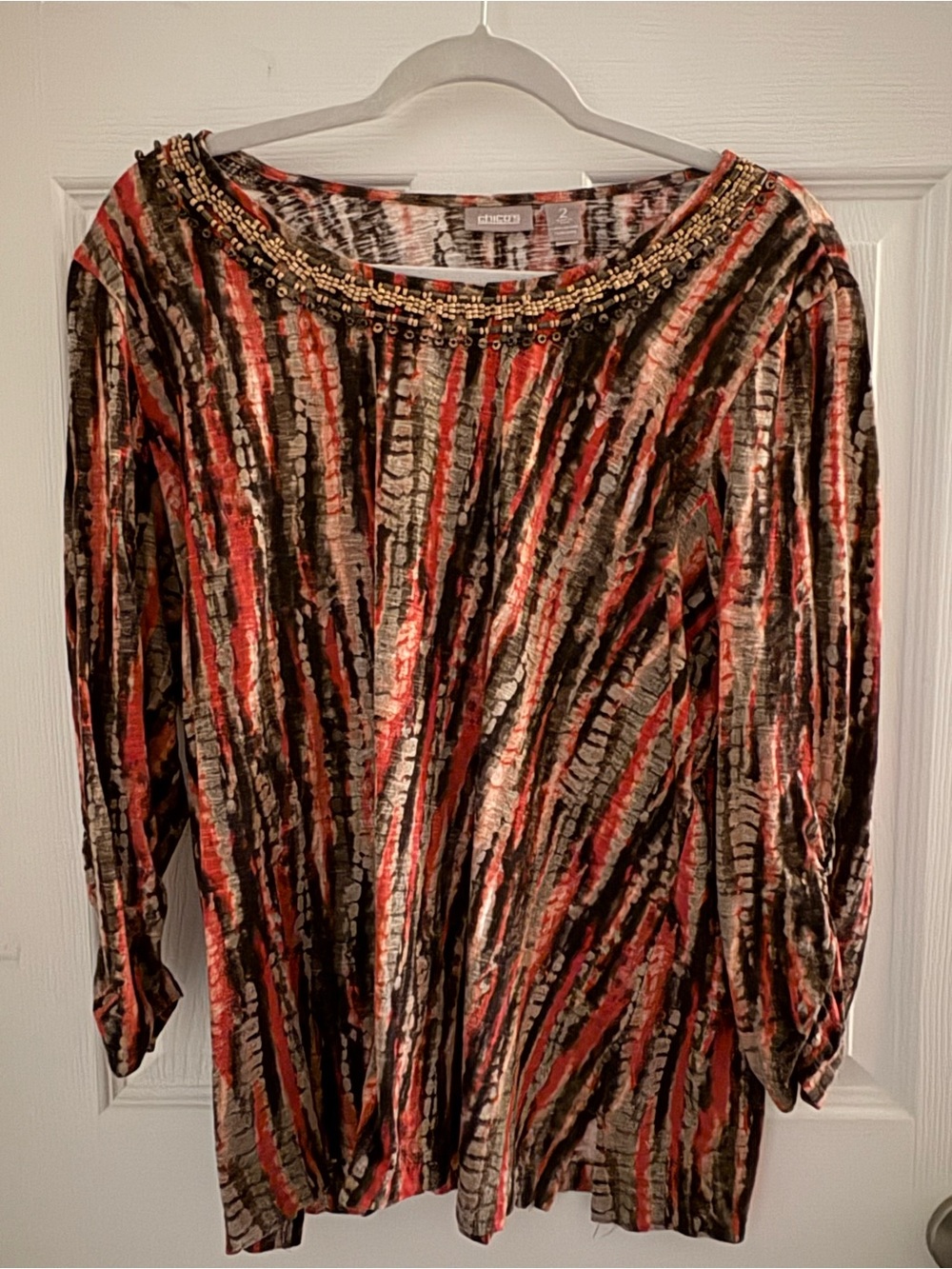 Chico's Striped Velvet Long-Sleeve Top with Beaded Neckline — Red, Brown, Cream - Picture 1 of 2